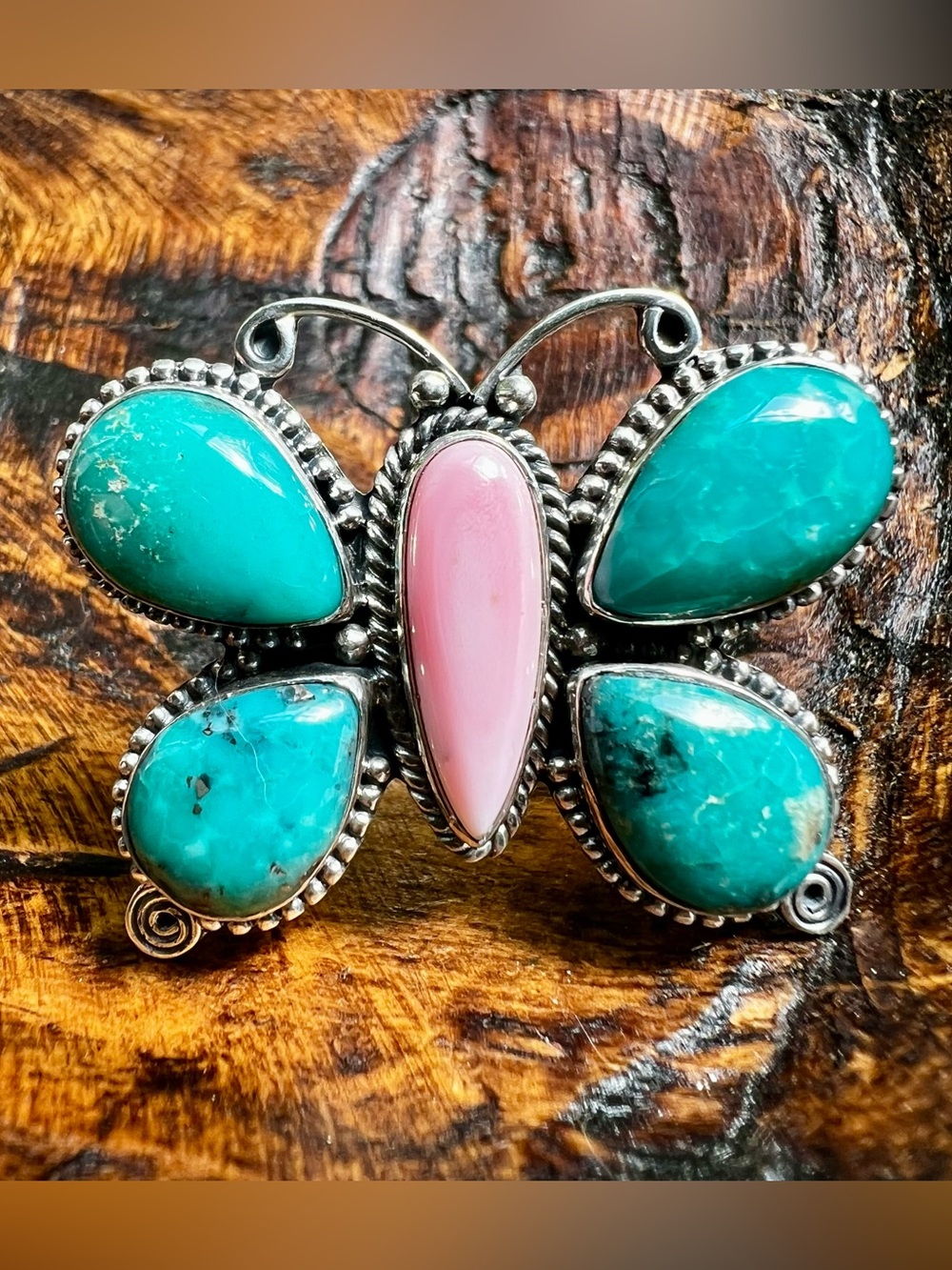 Kingman Turquoise Pink Conch Butterfly Ring Sterling Silver Size 9